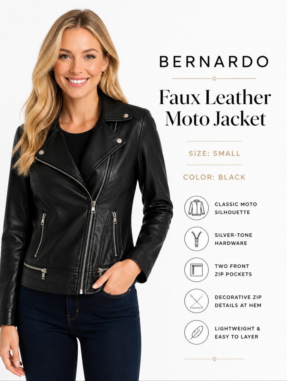 BERNARDO Women’s Black Faux Leather Moto Jacket – Zip Front | Size Small | NWT